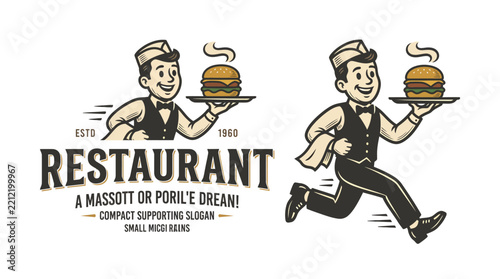 Vintage style restaurant mascot logo featuring a waiter running with a burger.