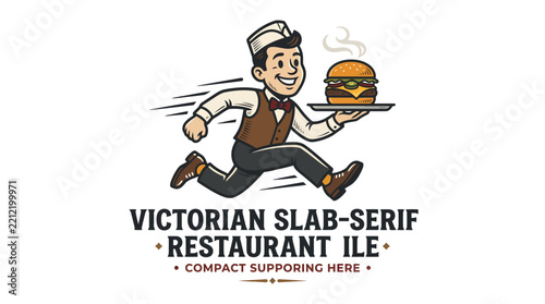 Vintage style restaurant mascot logo featuring a running waiter holding a hot burger.