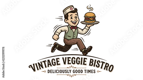 Vintage Veggie Bistro Mascot Logo Design Featuring A Running Waiter Serving A Hot Burger.