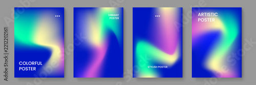 Collection of ethereal posters featuring soft pastel aurora gradients and liquid mesh textures in shades of blue and yellow