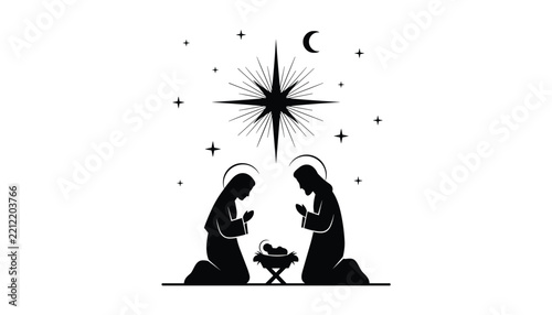 Black silhouette of a traditional nativity scene with Mary and Joseph praying over baby Jesus in a manger under a bright star.