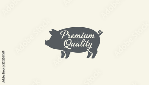Silhouette of a pig contains the words premium quality in a stylish cursive font on a light cream background.