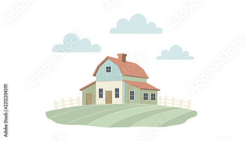 Rustic farm house nestled in green rolling hills under light clouds depicting a peaceful countryside lifestyle and rural agriculture.