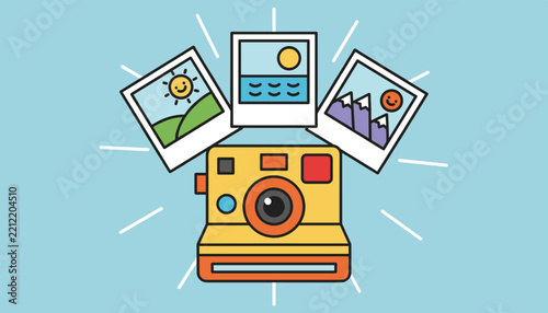 Vintage style instant camera in yellow and orange with three polaroid photos showing mountains the sea and a sunny landscape.