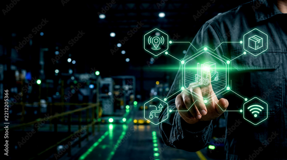 Obraz premium Engineer interacting with holographic interface demonstrating advanced Workforce Automation Skills for smart factory management and integrated digital industrial operations