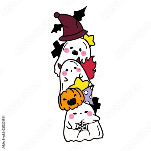 Cute stacked Halloween ghosts wearing witch hat and holding pumpkin jack o lantern with spider web, kawaii spooky ghost squad vector illustration isolated on white background.