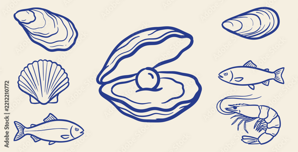 Obraz premium Blue seafood and marine life doodle set featuring open oyster with pearl, fish, and shellfish
