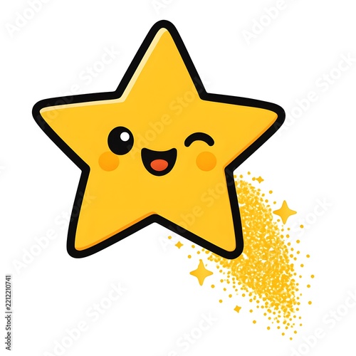 Cute cartoon star character with winking eye, smiling face, and trailing sparkles in a playful, animated style for children, celebration graphics or decor