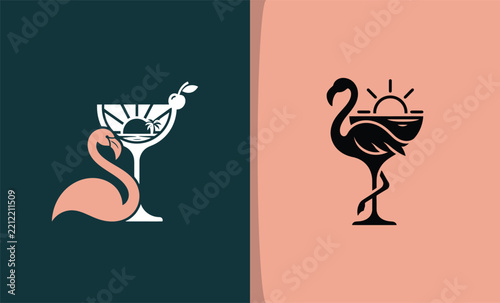 Minimalist logo concepts featuring flamingos and cocktail glasses with sunset elements