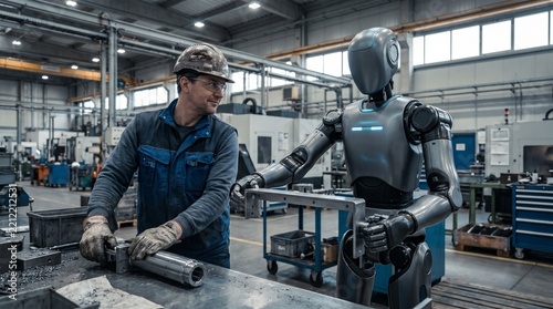 Factory worker and humanoid robot collaborating in industrial workshop