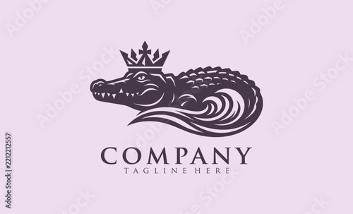 Minimalist vector logo of a crowned crocodile
