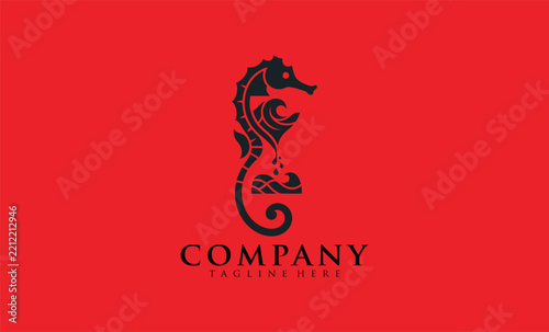 A professional logo featuring a dark, intricate seahorse icon above the word COMPANY on a solid red background