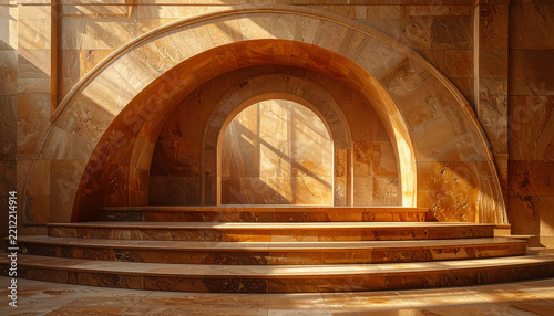 Ancient stone archway with curved steps and dramatic sunlight casting shadows
