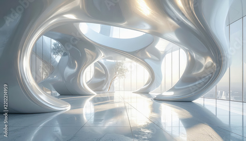 Futuristic architectural interior with flowing white organic structures and large windows