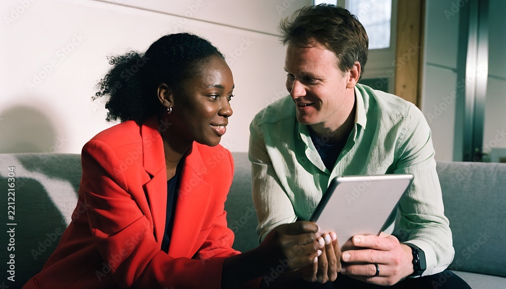 Obraz premium Businesswoman in red blazer and smiling man sharing a digital tablet on a sofa, authentic relaxed team collaboration at work