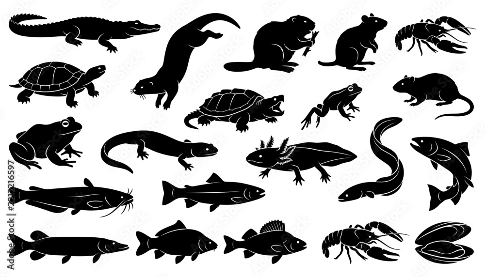 Fototapeta premium Various Aquatic and Terrestrial Animals Silhouettes Collection