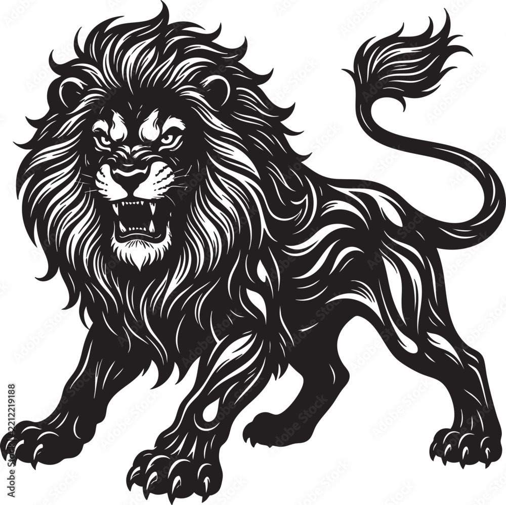 Obraz premium Mighty Black and White Full Body Lion Prowling Illustration - Safari Animal Clipart