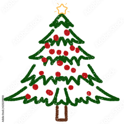 Hand drawn doodle style Christmas tree decorated with red berries and a yellow star topper