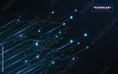 Abstract blue circuit board background with glowing digital nodes and connecting data lines