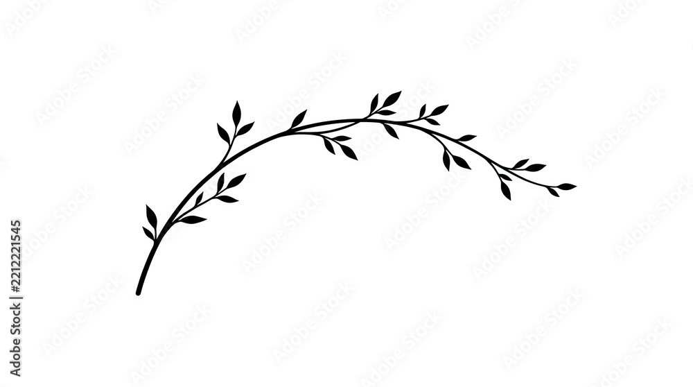 Fototapeta premium Black curved branch silhouette with leaves on white background