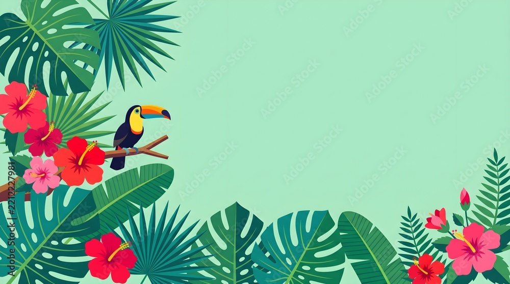 Obraz premium Tropical toucan bird perched on a branch surrounded by exotic palm leaves and hibiscus flowers with tropical hibiscus wildlife rainforest birdlife