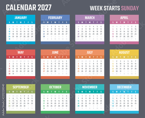 calendar for 2027 starts sunday, planner for scheduling, appointments and holidays. Printable calendar template for home or office.