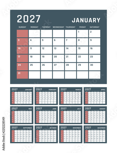 calendar for 2027 starts sunday, planner for scheduling, appointments and holidays. Printable calendar template for home or office.
