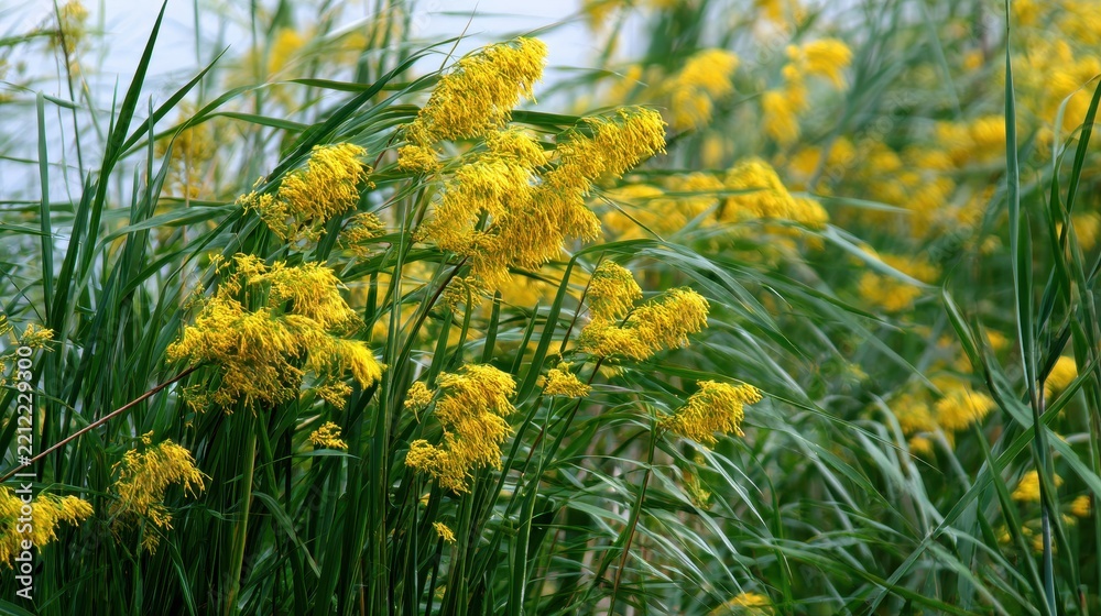 Obraz premium Alang Alang plants with yellow feathery flowers grow in a natural setting near water during daytime