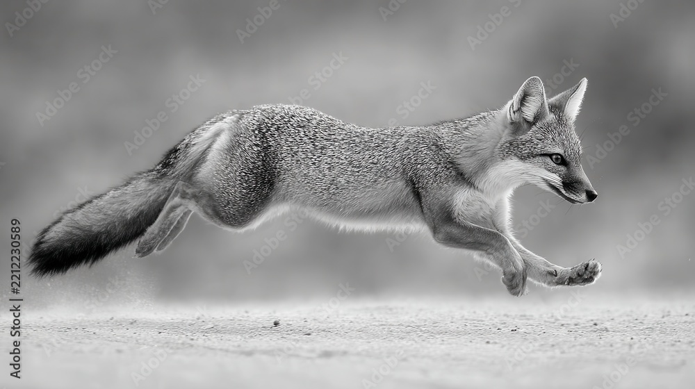 Fototapeta premium Agile gray fox bounding energetically through a monochrome background in a natural habitat during daylight hours