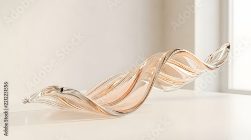 Twisted translucent glass sculpture with peach and gold accents, flowing form on a white surface