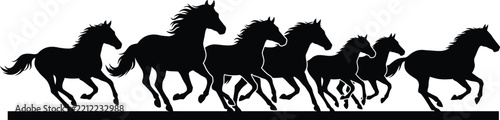 1. Vector illustration black silhouettes set of a running horse herd galloping in a line
