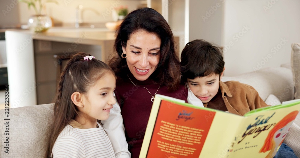 Obraz premium Happy, mom and reading book in home with children, education and learning with fairytale literature. Woman, kids and discussion on couch with fiction novel, storytelling and language development.