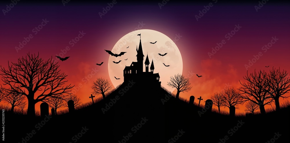 Fototapeta premium Haunted castle standing on a cemetery hill, bare trees and gravestones silhouetted against a vibrant full moon and sunset sky