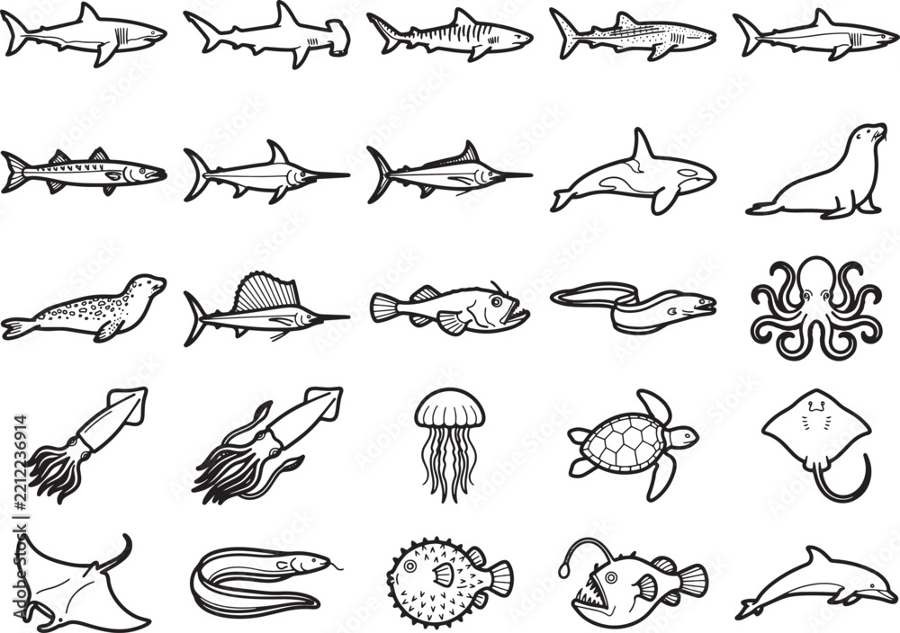 Obraz premium A collection of stylized black and white illustrations depicts various marine animals, showcasing diverse sea life in a clean, graphic style.
