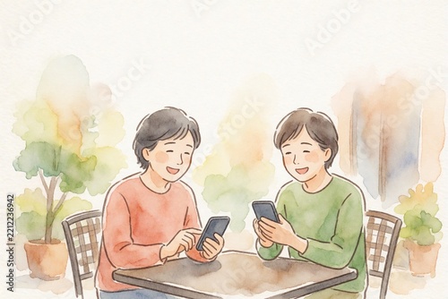 50代 スマホ テラス 笑顔 イラスト　余白あり　横長