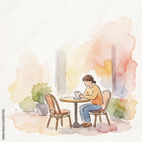 1人 カフェ 上半身 テラス イラスト　余白あり