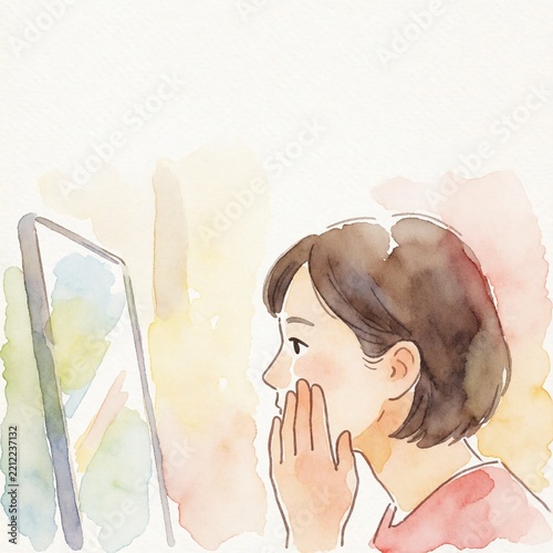 スキンケア 日本人 20代 横顔 鏡 イラスト　余白あり