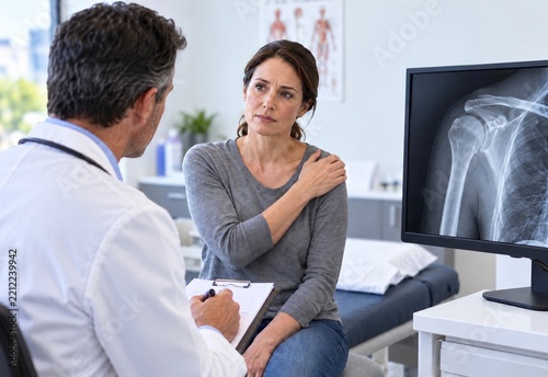 Woman discussing severe shoulder pain with doctor in medical clinic