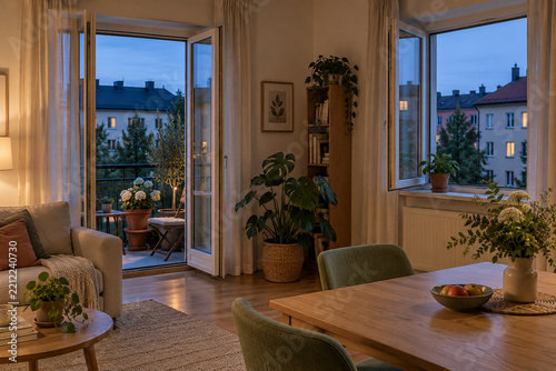 Open windows and balcony door in an apartment at dusk