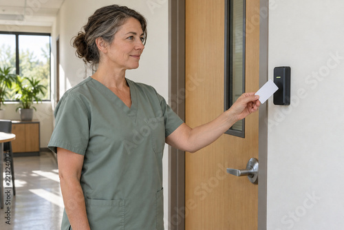 Clinic worker at a contactless access reader