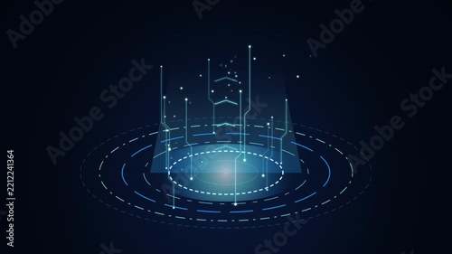 Futuristic digital interface with glowing blue circuits and data flow