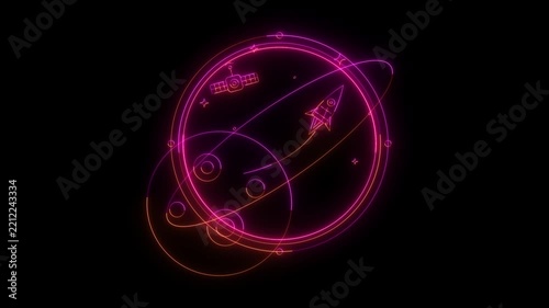 Neon pink hologram of a space rocket orbiting a planet with satellite and stars space travel planet orbit