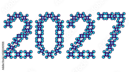 Graphic illustration of the year 2027 made with futuristic tech drones and glowing blue circuits