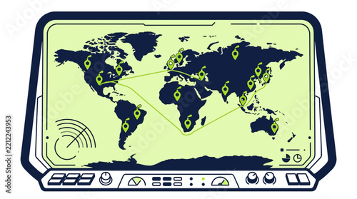 Digital illustration of a futuristic control panel displaying a world map with global tracking locations and connection routes