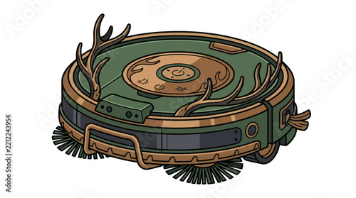 illustration of an automated robotic vacuum cleaner decorated with antlers in an white background