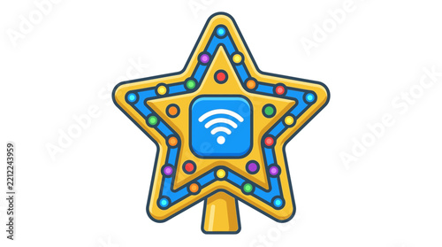 Graphic illustration of a festive Christmas tree star topper with colorful holiday lights and a central wireless internet wifi symbol on a white background