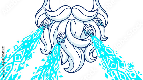 Graphic illustration of Santa Claus beard with futuristic technology cameras projecting light beams