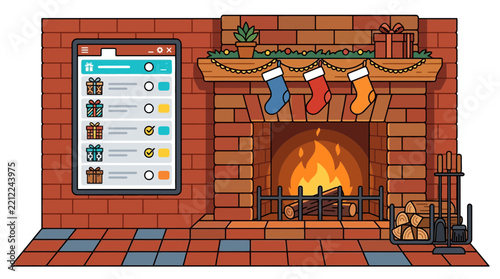 illustration of a Christmas fireplace with stockings, fire, and an online shopping wishlist interface on a tablet screen