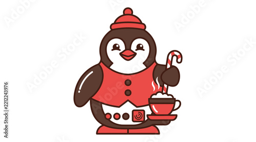 Graphic illustration of a cute cartoon penguin wearing a winter hat and holding a hot beverage with candy cane.