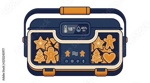 Graphic illustration of modern smart storage container filled with gingerbread cookies and display screen